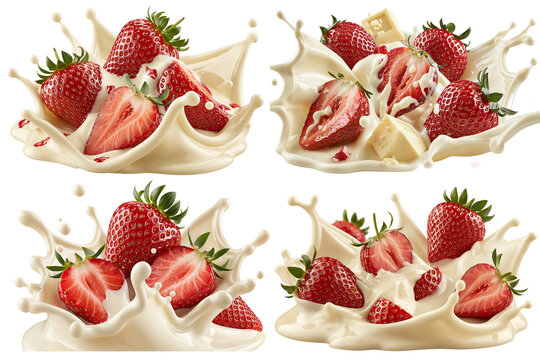 white chocolate splash with strawberries set isolated on white transparent background - design element cut-out object collection