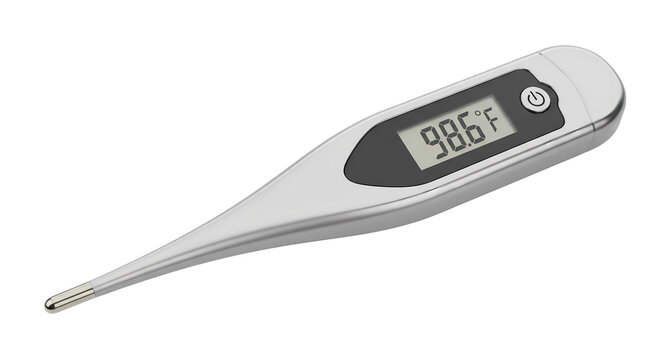 Digital thermometer showing a normal body temperature of 98