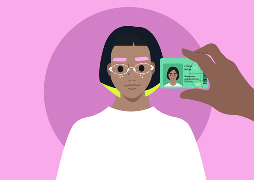 A person wearing glasses stands calmly as an ID card is presented for verification, Their natural real-life expression differs from the photo on the document.