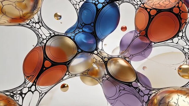 Abstract 3D background with interconnected colorful glossy spheres and organic web structures