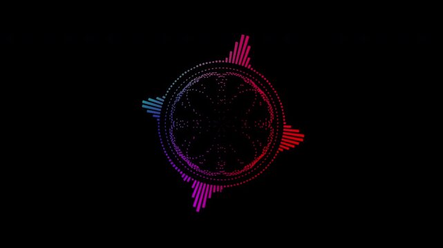Colorful circular interface audio voice music sound spectrum equalizer, 4k footage, sound waves animation on black and white background.