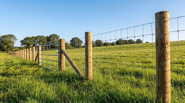 Agricultural wire fence, Wooden pasture posts, Rural land boundary, Clean farm landscape, Bright countryside background