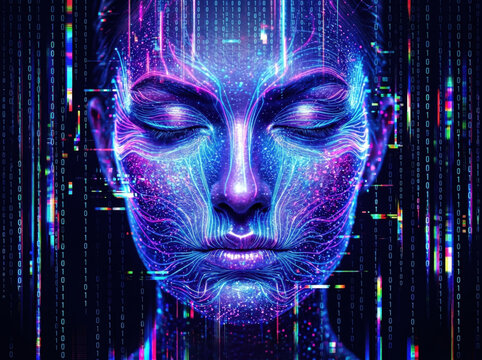 A symmetrical synthetic humanoid face made of neon light and digital particles. Surreal, awakening, slightly unsettling, sense of consciousness forming.
