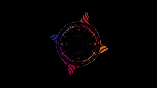 Colorful circular interface audio voice music sound spectrum equalizer, 4k footage, sound waves animation on black and white background.