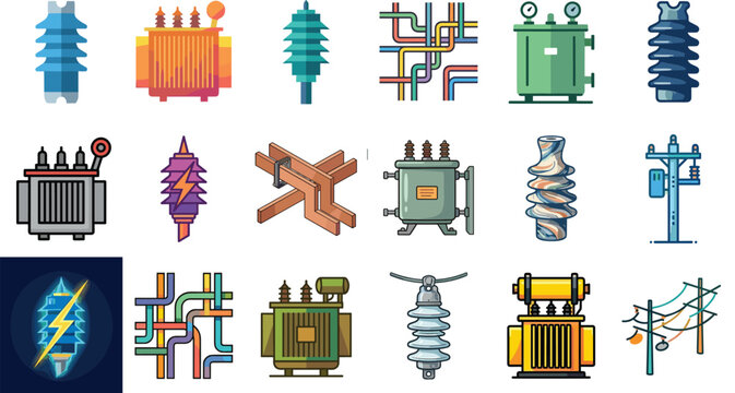Electrical Power Infrastructure Icons Set Featuring Distribution Transformers High Voltage Insulators Utility Poles Busbars and Grid Grid Substation Elements