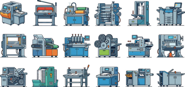 Industrial Printing Machinery and Paper Processing Equipment Icons Set Featuring Offset Presses Guillotine Cutters Binding Machines and Digital Printers
