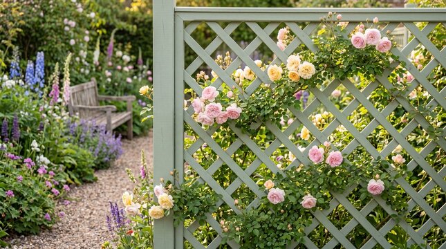 Sage lattice fence, Climbing rose garden, Decorative wooden pattern, Romantic outdoor architecture, Spring floral background