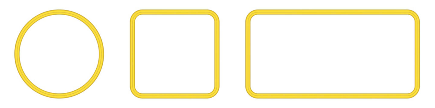 Golden yellow geometric frame and border set with circle rounded corner square rectangle outlines blank copy space design elements vector isolated on transparent background