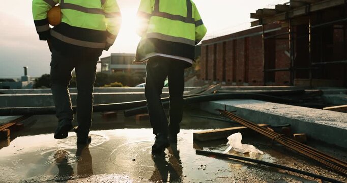 Construction, done or people on site with walking, progress conversation or bonding in job completion. Teamwork, back or engineers with flare, project perspective or shared satisfaction at end of day