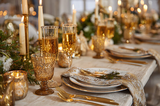 Celebrate special occasions with a stunning holiday table setting, sparkling glasses, and warm candlelight for a memorable and festive gathering