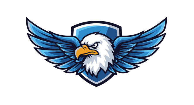 Eagle with spread wings in front of shield vector design for various uses