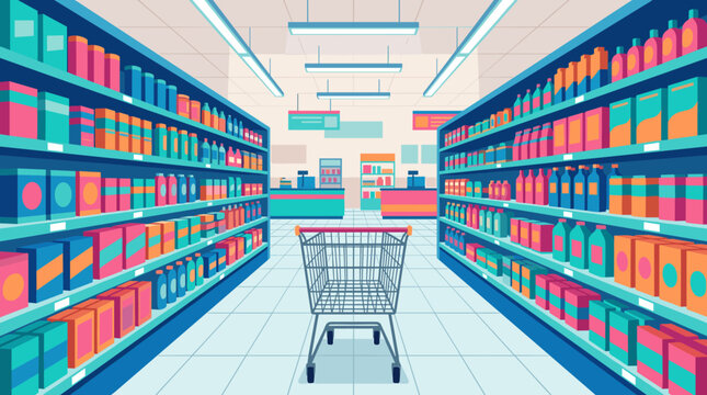 Supermarket aisle scene with shopping cart centered between bright shelves in bold perspective, supermarket, shopping cart, aisle,