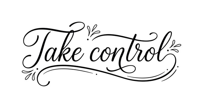 Take control handwritten motivational wordmark with sweeping script, tiny accent strokes and flowing baseline, take control,