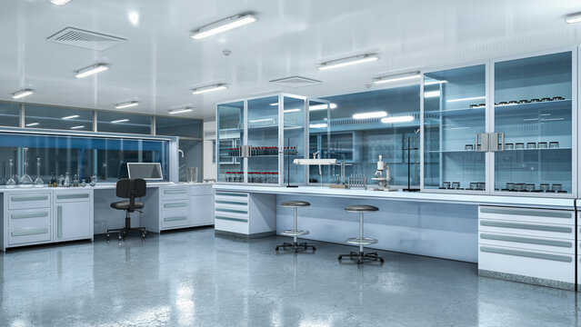 Modern scientific laboratory interior with advanced equipment, computers and research workstations, medical and pharmaceutical lab environment. 3D illustration
