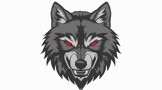 Intense wolf head illustration with fiery red eyes on white background