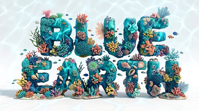 Blue earth text design decorated with colorful coral reef and tropical sea life