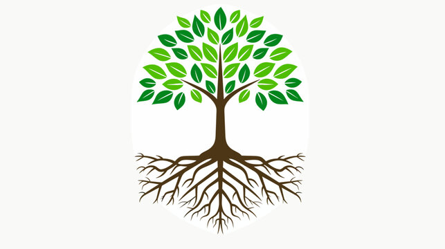 Stylized tree illustration with green leaves and intricate root structure isolated