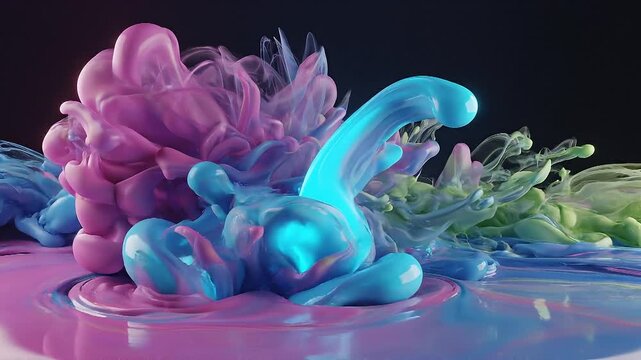 Vibrant swirling clouds of pink blue and green liquid ink or paint creating abstract organic shapes and fluid forms with glowing neon blue accents against a dark background and reflective surface