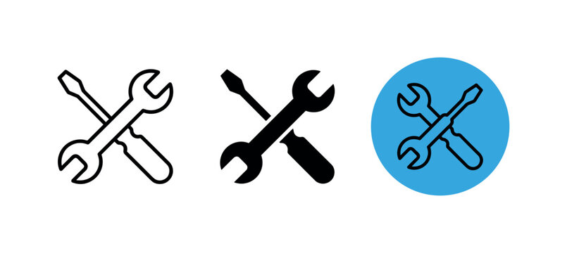 Tool repair icon set with wrench and screwdriver shown as outline, solid black and blue circle variations, wrench, screwdriver,