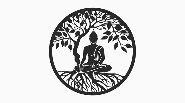 Meditating buddha under tree silhouette symbol of peace and enlightenment