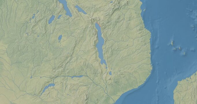 Malawi on Globe. Zoom into the country with Earth spinning on dark background. Physical world map with Malawi and label on it. Country view animation.