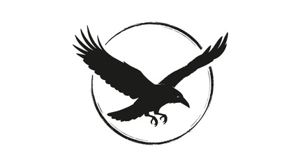 Obraz premium Silhouette of a raven in flight within a circle on a white background