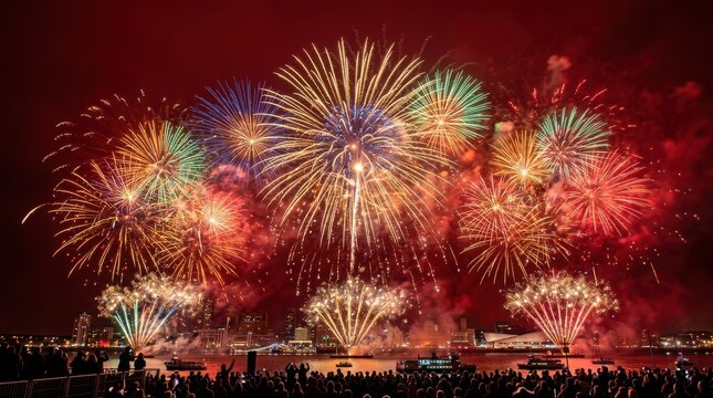 Vibrant fireworks display over city skyline at night explosion