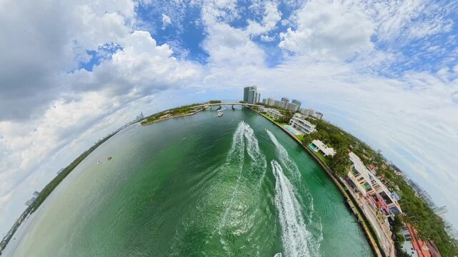 Aerial video Miami Beach Haulover inlet tiny planet fisheye footage