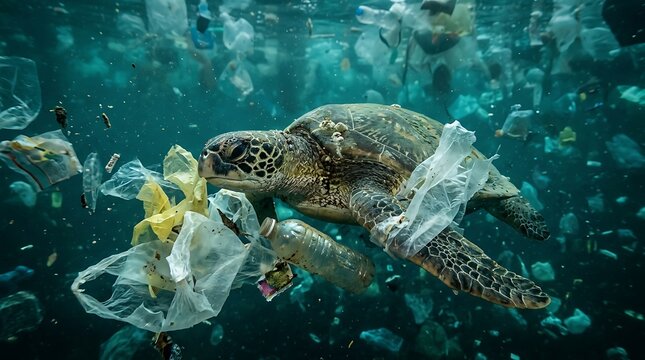 Sea turtle swimming in deep blue ocean water surrounded by discarded plastic waste and trash