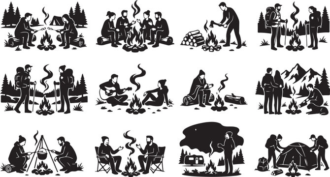 Camping and hiking people around campfire in forest and mountains, vector illustration isolated on white background, Vector