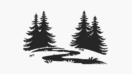 Obraz premium Silhouette of pine trees and meadow nature illustration on white background