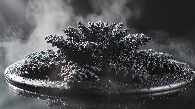 Ferrofluid sculpture forming sharp, spiky peaks and a circular base with shimmering particles under dramatic lighting against a dark background, showcasing the magnetic fluid's unique behavior