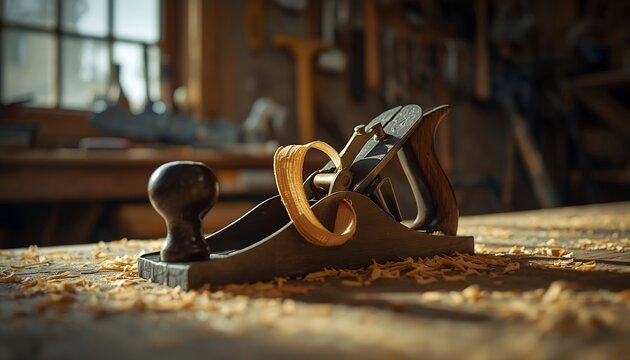 Wooden carpentry plane resting on workbench in workshop with woodwork carpenter carpentry handtool workshop craftsman craftsmanship furniture woodworking industry professional equipment