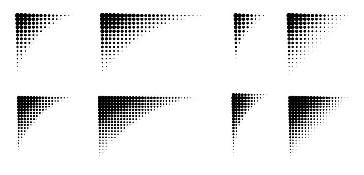 Corner halftone patterns with fading dot borders for dynamic comic style frames. Modern geometric background with gradient circles and vintage texture overlay.