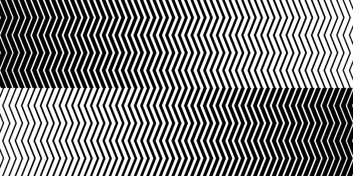 Chevron zigzag pattern with halftone lines creating dynamic fade effect. Black and white geometric texture for modern backgrounds and bold graphic design projects.