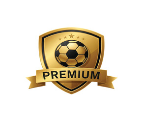 Naklejka premium A gold shield with a soccer ball and premium banner emblem, symbolizing sports excellence and high quality, with a starry design.