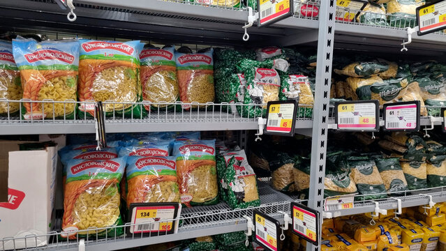 Packaged Pasta Products on Supermarket Shelves, Editorial Grocery Store Display