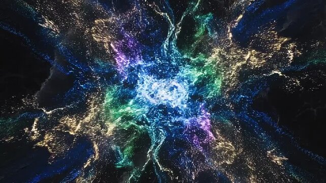 Vibrant abstract explosion of blue and green particles and energy streams radiating outwards from a bright white central core against a dark, textured background creating a dynamic and energetic