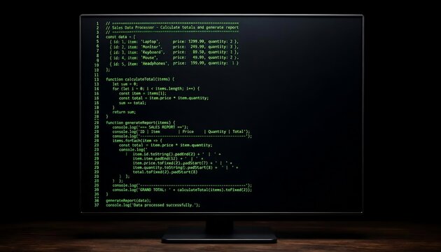 Computer monitor showing green software code on black screen with programming software computer technology development developer terminal security internet technical engineering information