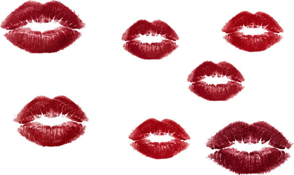Red lipstick kiss marks collection, set of 7 realistic lip prints with skin texture, dark cherry red mouth imprints for beauty and romance design