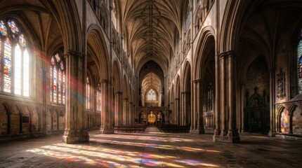Obraz premium Gothic cathedral interior with sunlight rays and stained glass.
