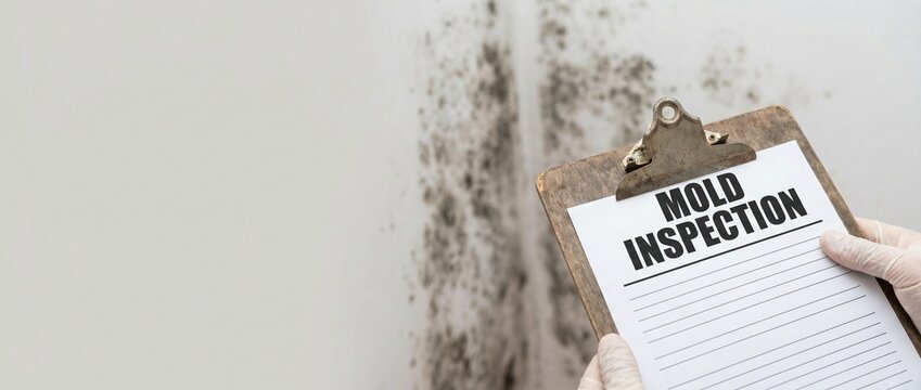 Mold inspection concept. Hand holding a clipboard with document in front of a house wall covered with dangerous black mold. Property damage and maintenance