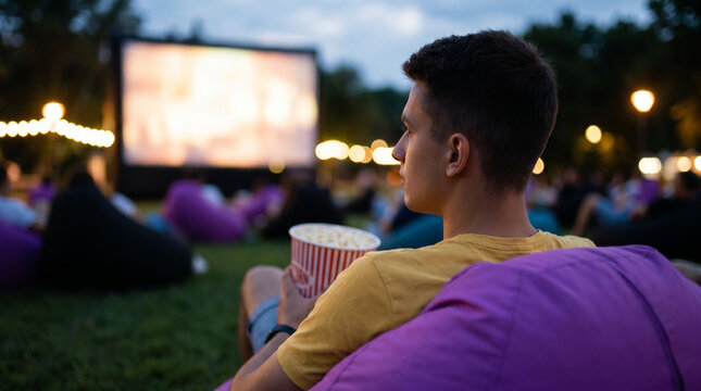  Young man relaxing in a beanbag chair and watching a movie at an outdoor open-air cinema at night. Summer leisure and entertainment concept.