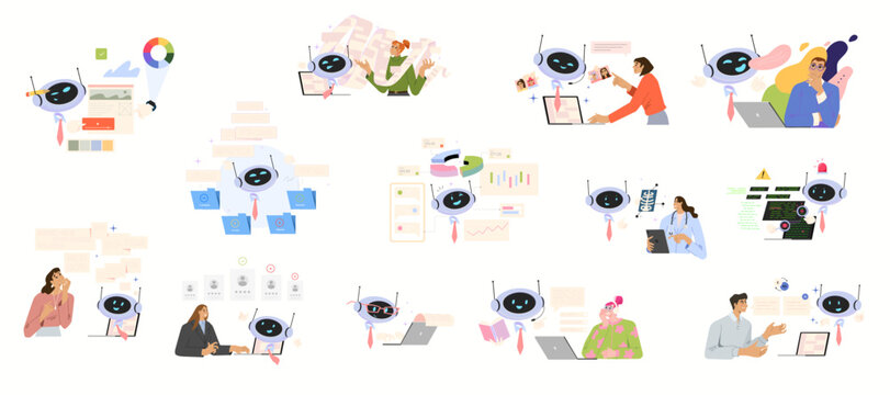 AI assistant collection for business productivity, analytics, coding and healthcare support. Flat vector illustration set isolated on white background