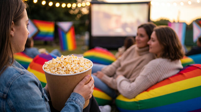 young woman holding a large bucket of popcorn at an open-air cinema, with an LGBTQ+ lesbian couple sitting on rainbow beanbags and Pride flags in the blurred background. For Pride month celebration.