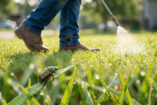 Japanese beetle on a blade of grass with a pest control worker spraying insecticide on the backyard lawn in the blurred background. Lawn care and extermination concept