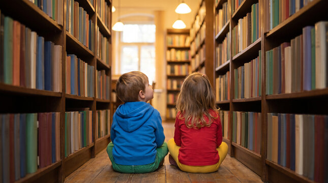 ear view of two little children sitting on the floor in a library aisle between tall bookshelves. Education, childhood curiosity, and imagination concept
