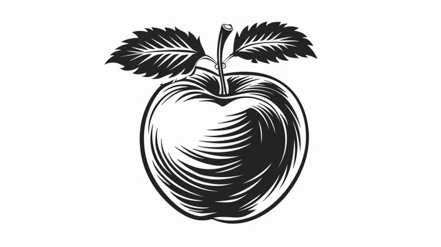 Black and white illustration of ripe apple with detailed leaves and stem