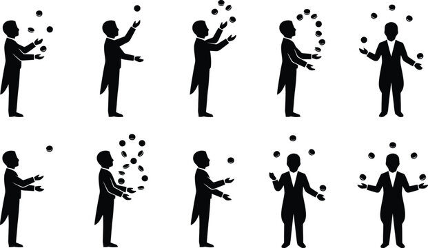 Juggling performer silhouette icons, circus entertainer in tuxedo suit set, 10 vector elements of man juggling balls, professional stage artist