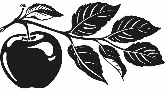 Black and white illustration of apple on branch with leaves